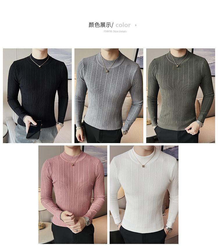 Long Sleeve Mock Neck Plain Ribbed Knit Top Product Image