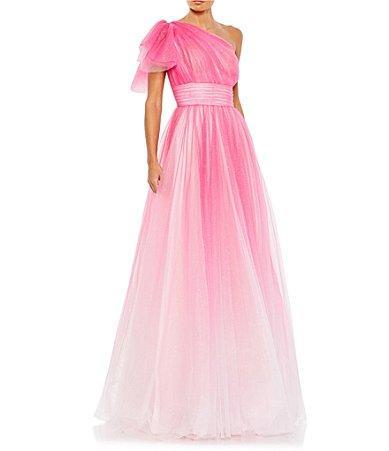 Mac Duggal Asymmetrical One Shoulder Short Ruffle Sleeve Ruched Ombre Ballgown Product Image