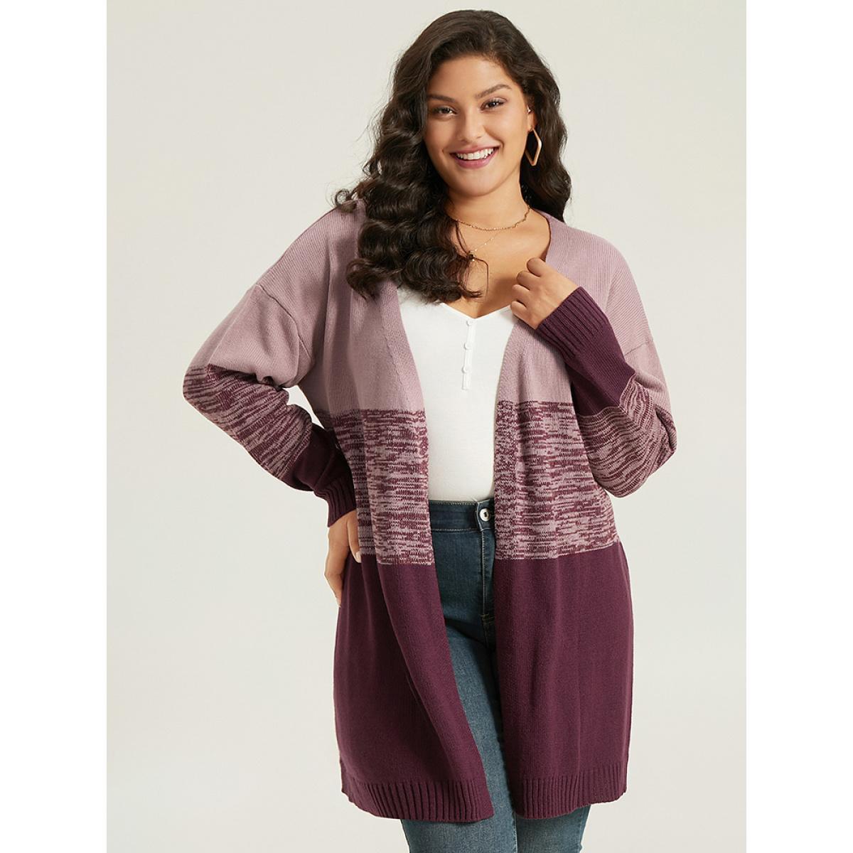 Plus Size Anti-Pilling Contrast Heather Open Front Cardigan Burgundy Women Casual Loose Long Sleeve Dailywear Cardigans BloomChic 14-16/1X Product Image