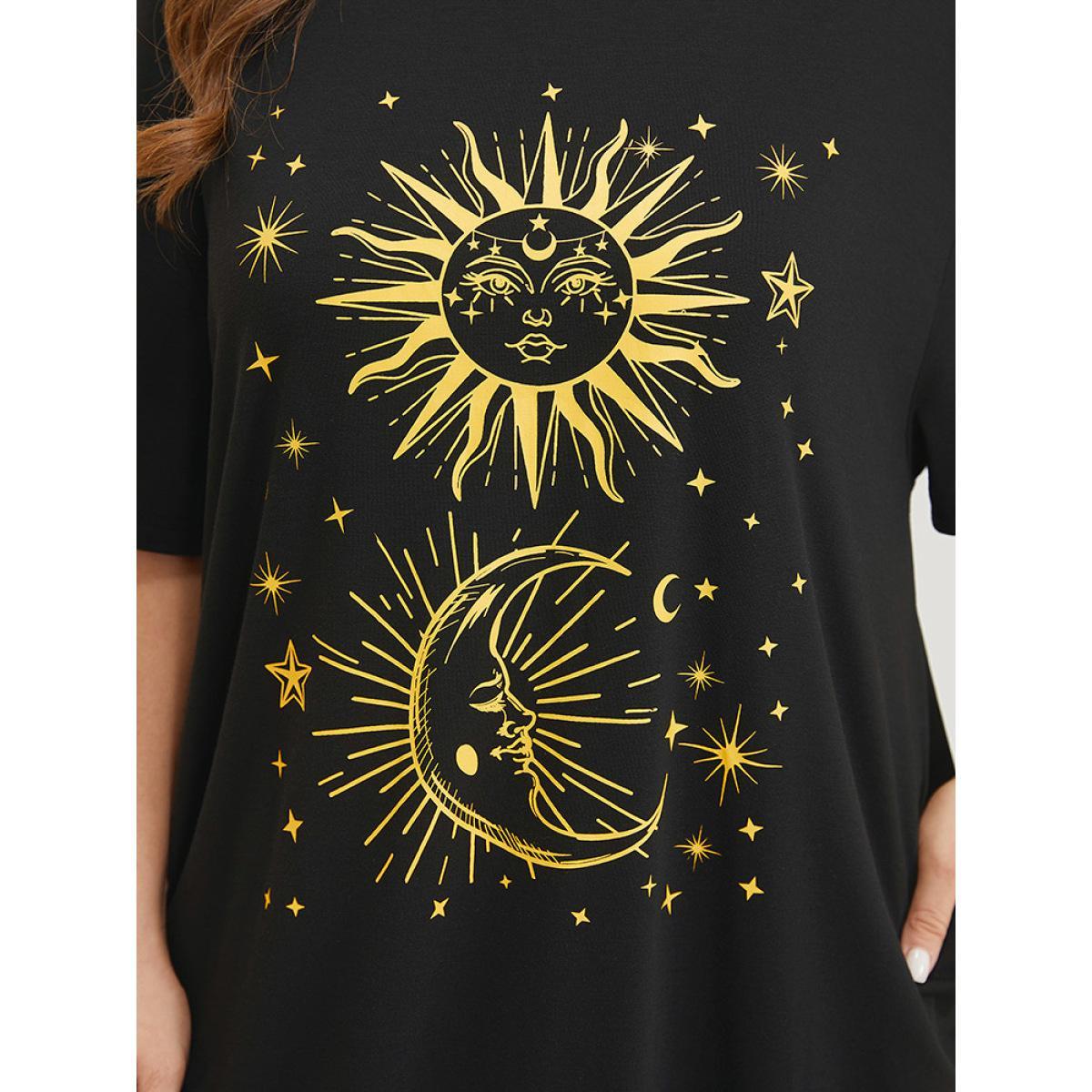 Plus Size Supersoft Essentials Star & Moon Print Pocket Crew Neck Dress Black Women Casual Plain Curvy Knee Dress BloomChic 22-24/3X Product Image