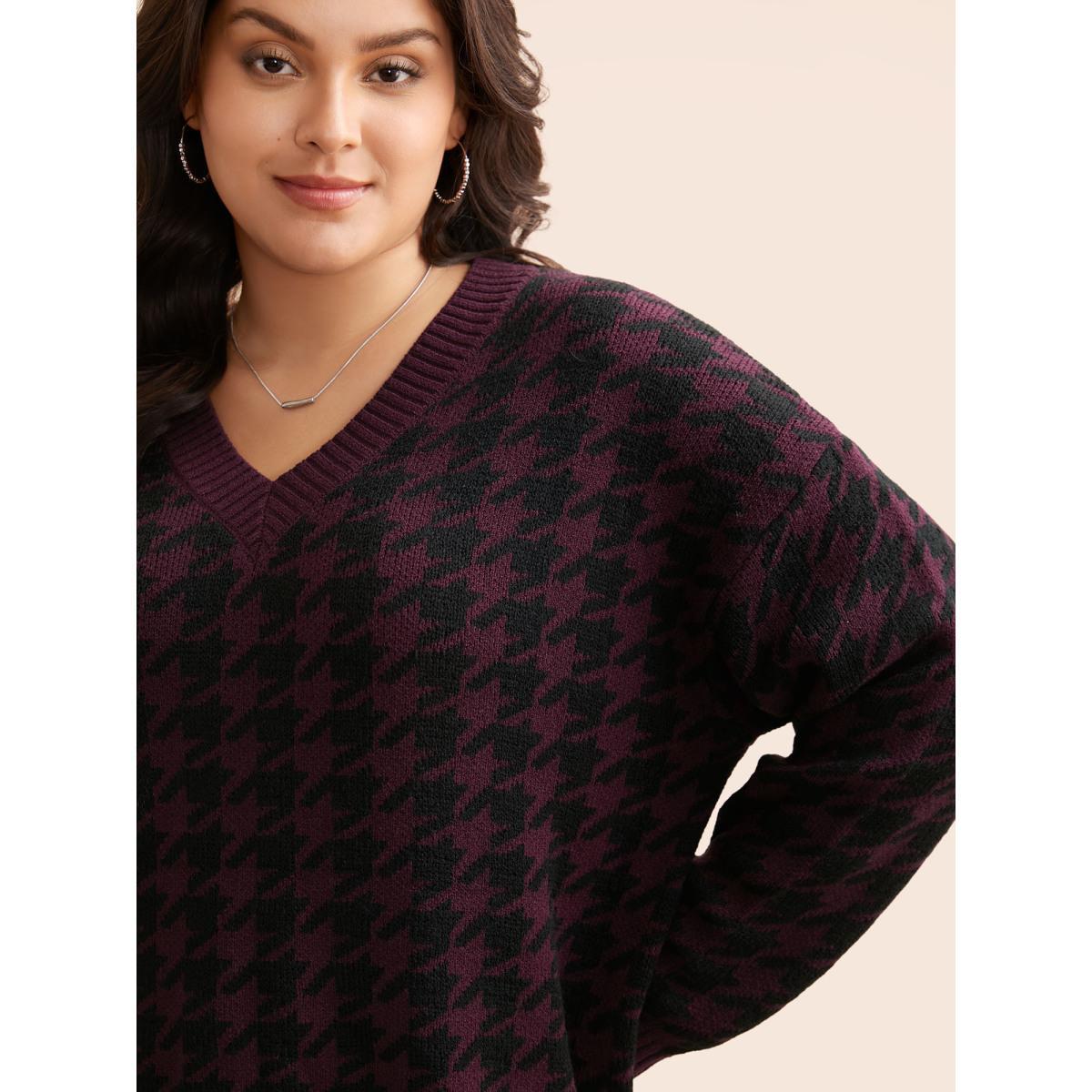 Plus Size V Neck Houndstooth Drop Shoulder Pullover Plum Women Casual Loose Long Sleeve V-neck Everyday Pullovers BloomChic 22-24/3X Product Image