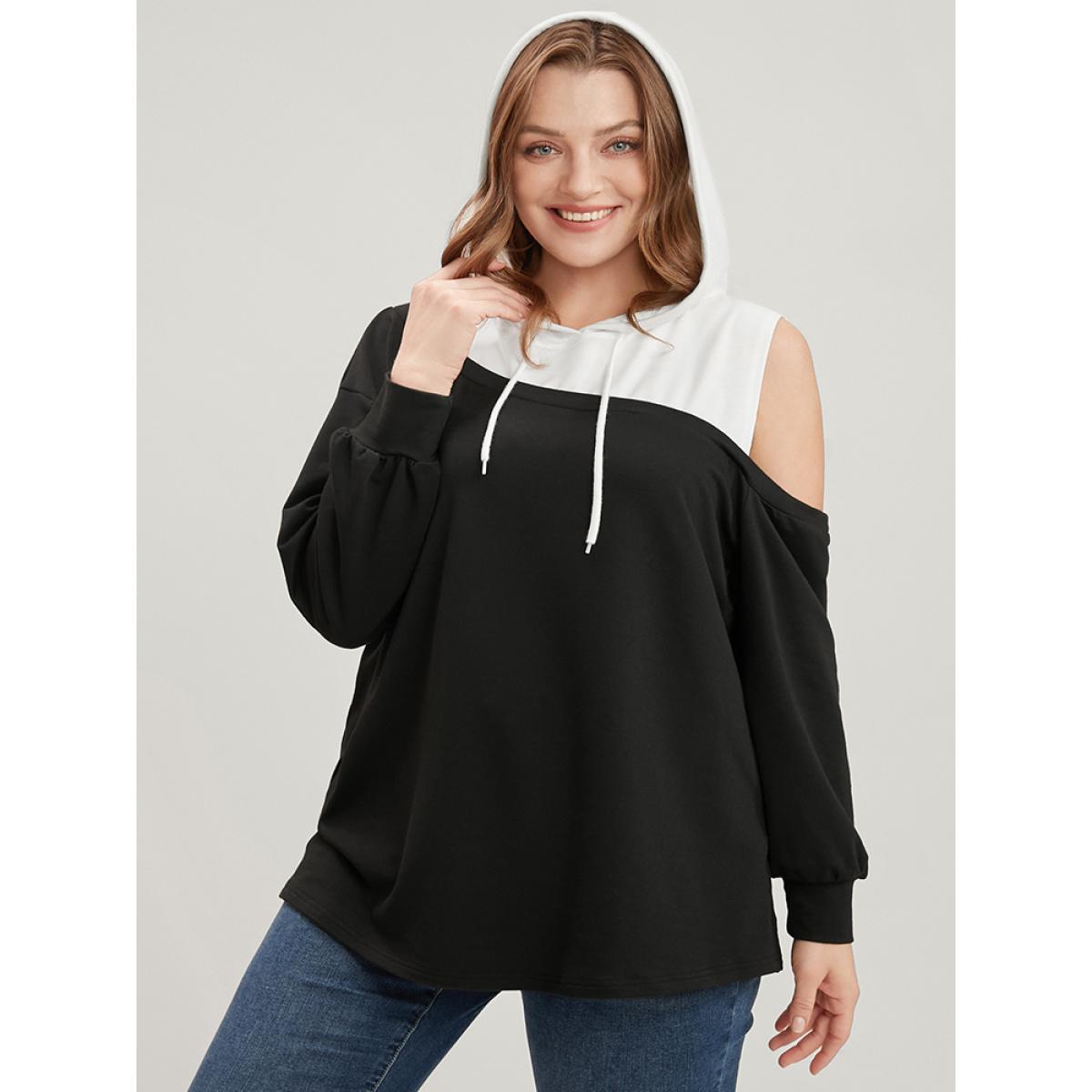Plus Size Colorblock Contrast Drawstring Cut Out Sweatshirt Women Black Casual Contrast Hooded Dailywear Sweatshirts BloomChic 12/L Product Image
