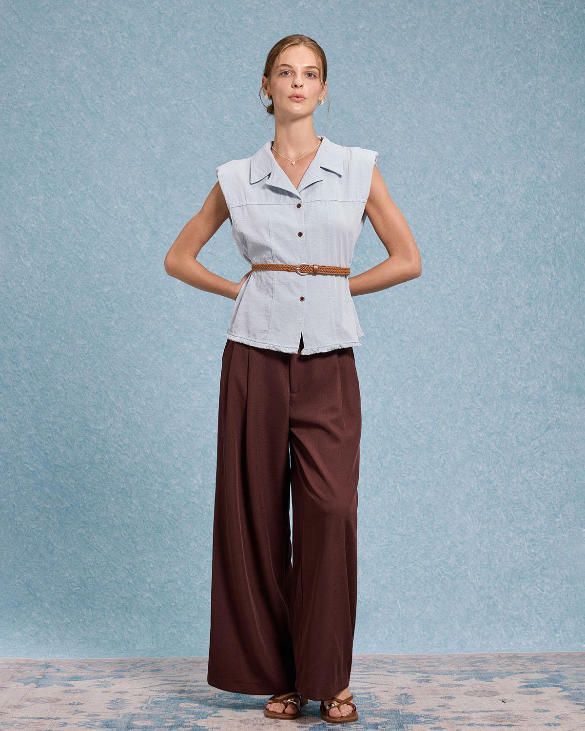 Blue Belted Sleeveless Blouse Product Image