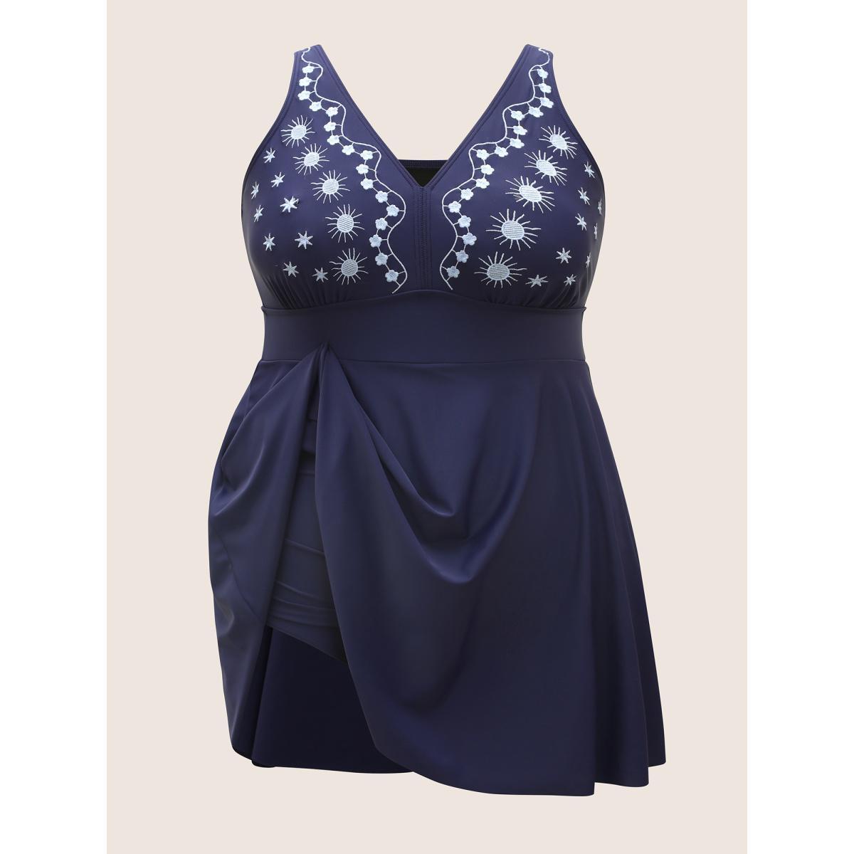 Plus Size V Neck Moon & Star Embroidered Gathered Swim Dress Women's Swimwear Midnight Beach Bodycon V-neck High stretch Curve Swim Dresses BloomChic 22-24/3X Product Image