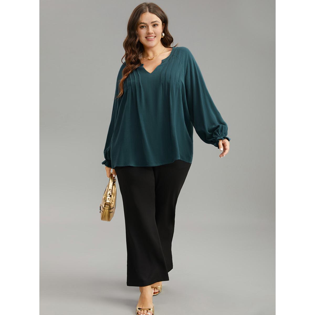 Plus Size Cyan Plain Raglan Sleeve Plicated Detail Blouse Women Office Long Sleeve V-neck Work Blouses BloomChic 28/5X Product Image