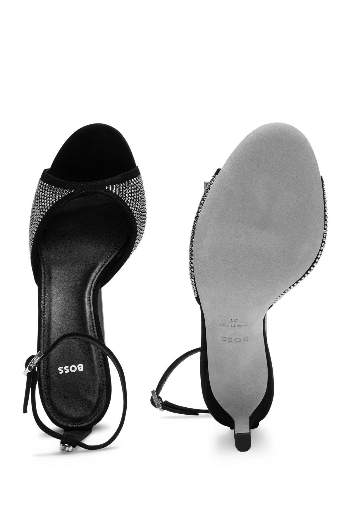 BOSS - Suede sandals with crystal studs and buckle - Black Product Image