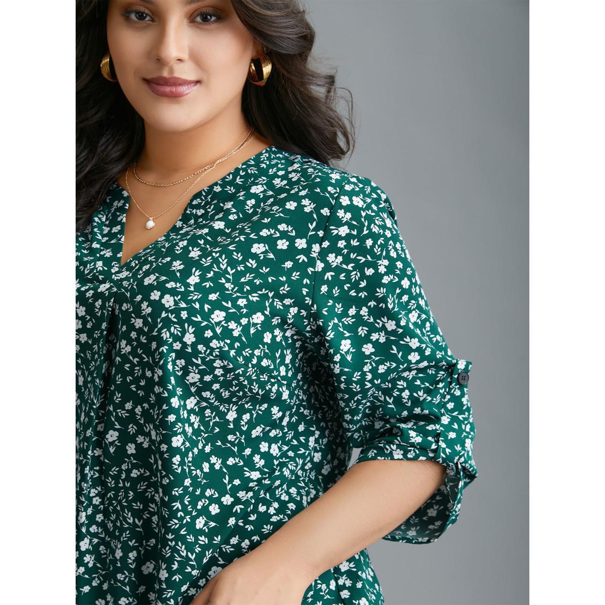 Plus Size DarkGreen Ditsy Floral Button Cuff Sleeve Pleated Blouse Women Elegant Long Sleeve Flat collar with V-notch Everyday Blouses BloomChic 14-16/1X Product Image
