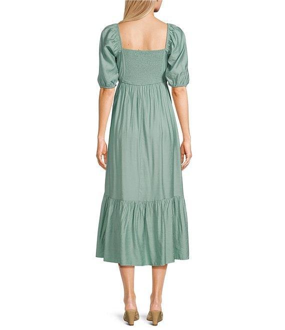 Blu Pepper Square Neck Short Puff Sleeve Pleated Midi Dress Product Image