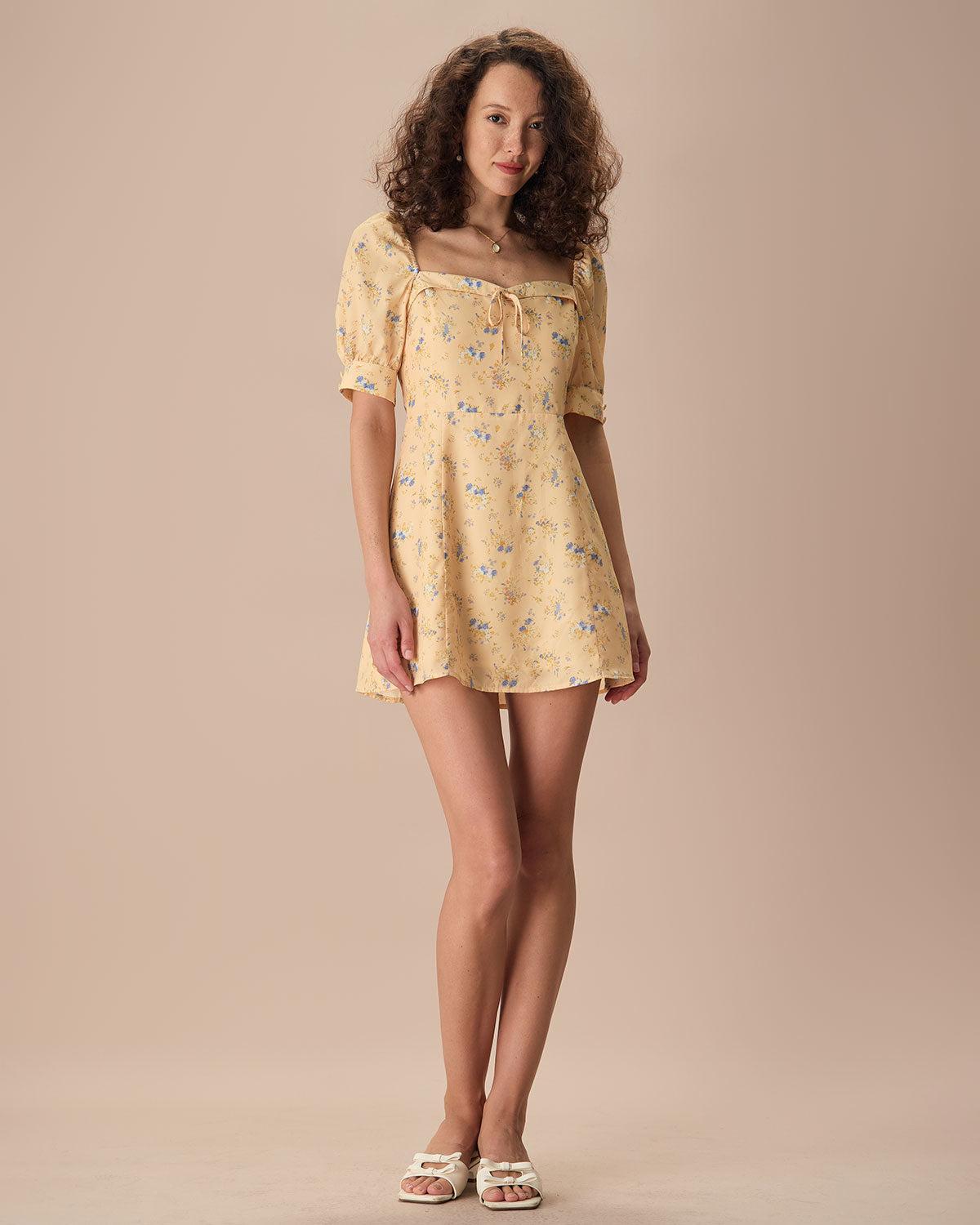 The Yellow Sweetheart Neck Floral Mini Dress Product Image