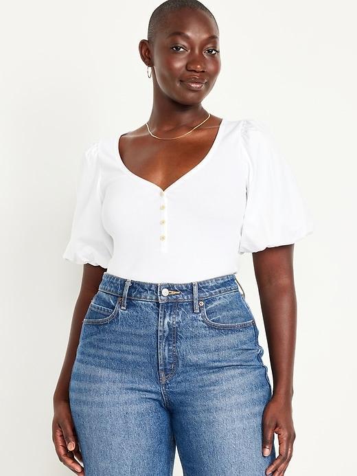 Puff-Sleeve Mixed Fabric Top Product Image