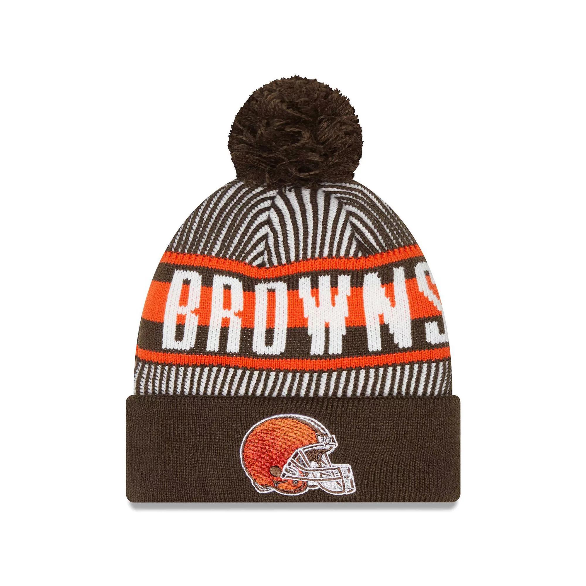 Men's New Era Brown Cleveland Browns Striped Cuffed Knit Hat with Pom Product Image