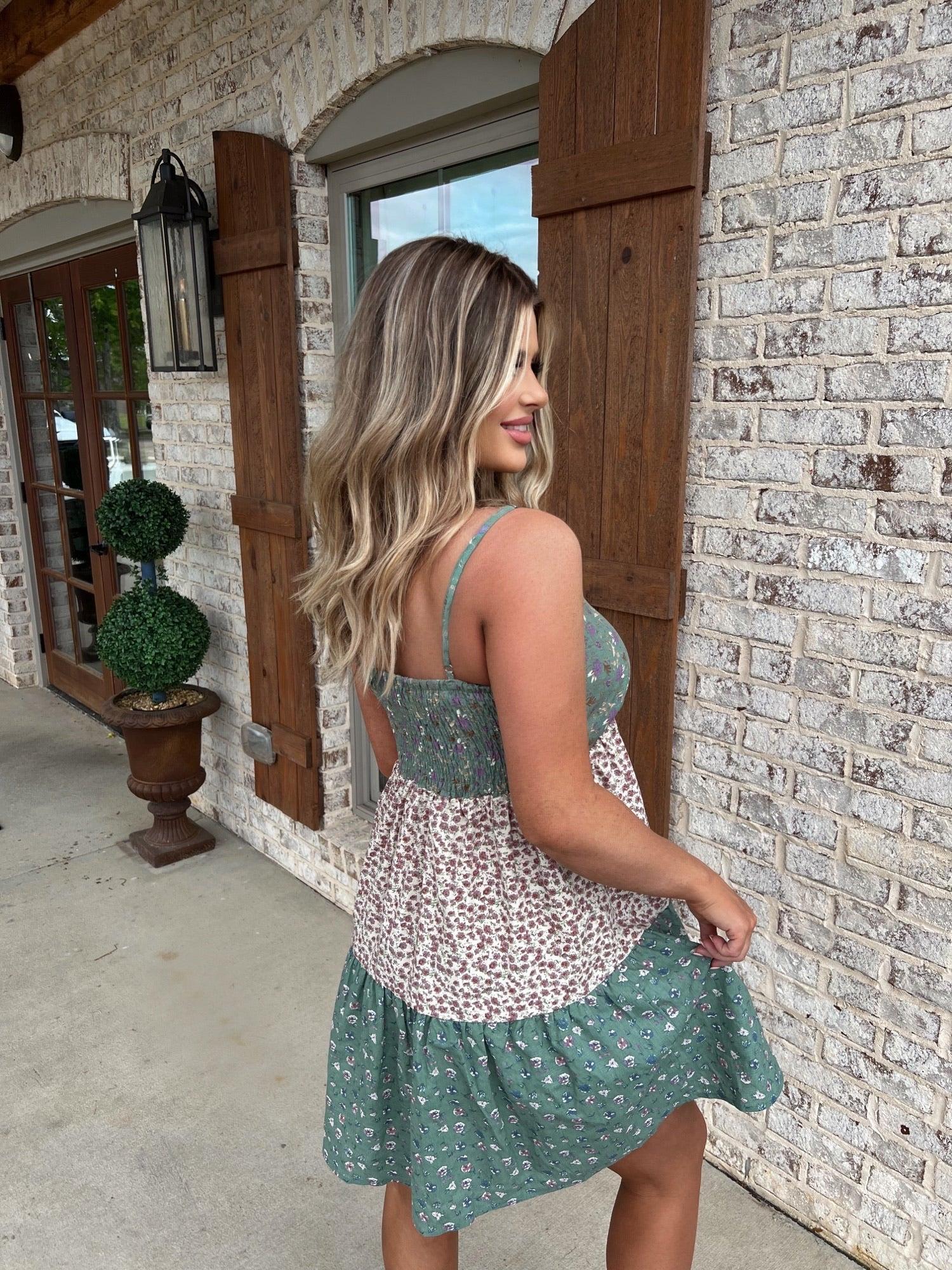 Green Print Color Block Tiered Mini Dress - FINAL SALE Product Image