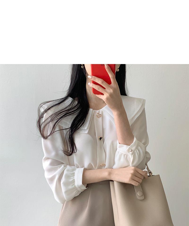 Long-Sleeve Plain Heart Button Blouse / High Waist Accordion Pleated Mini A-Line Skirt Product Image