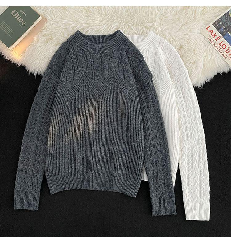 Crew Neck Plain Cable Knit Sweater Product Image