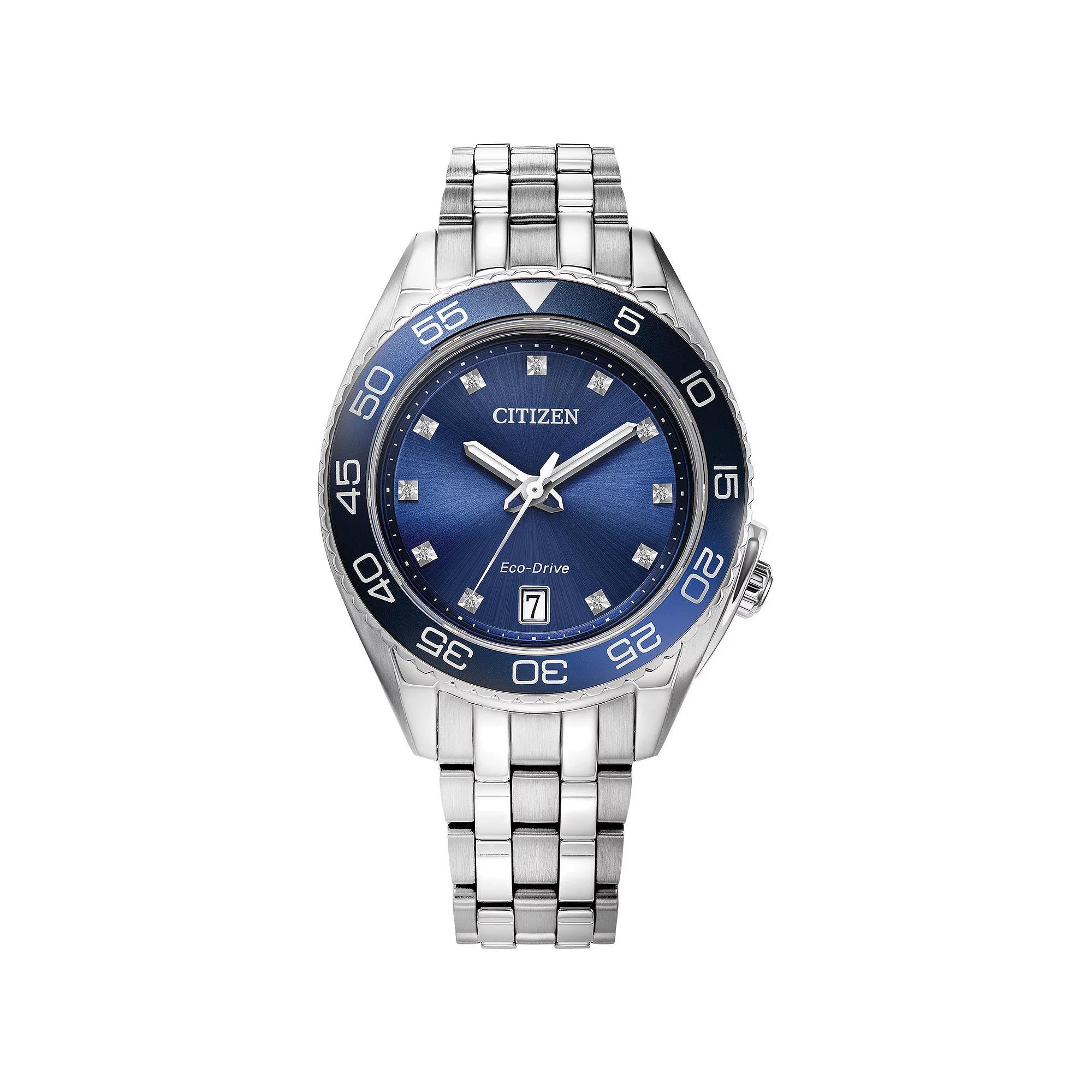 Citizen Womens Eco-Drive Carson Stainless Steel Diamond Accent Blue Dial Bracelet Watch Silver Product Image