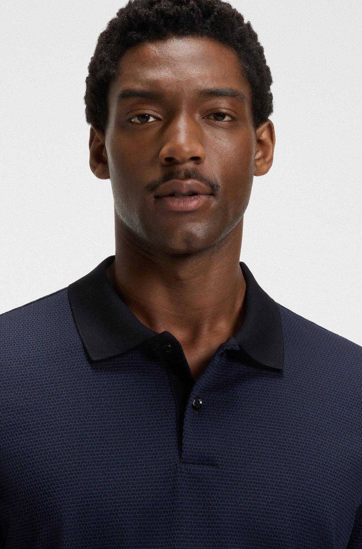 BOSS - Mercerized-cotton polo shirt with geometric jacquard - Dark Blue Product Image