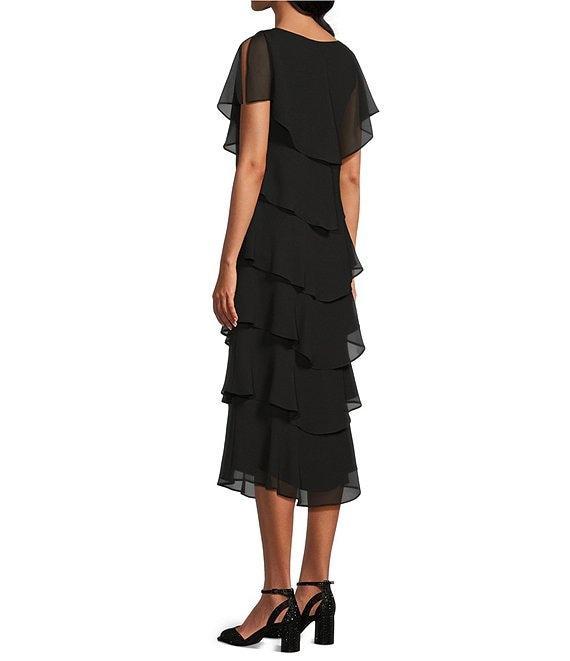 Ignite Evenings Cap Sleeve Crew Neck Beaded Trim Detail Chiffon Tiered Dress Product Image