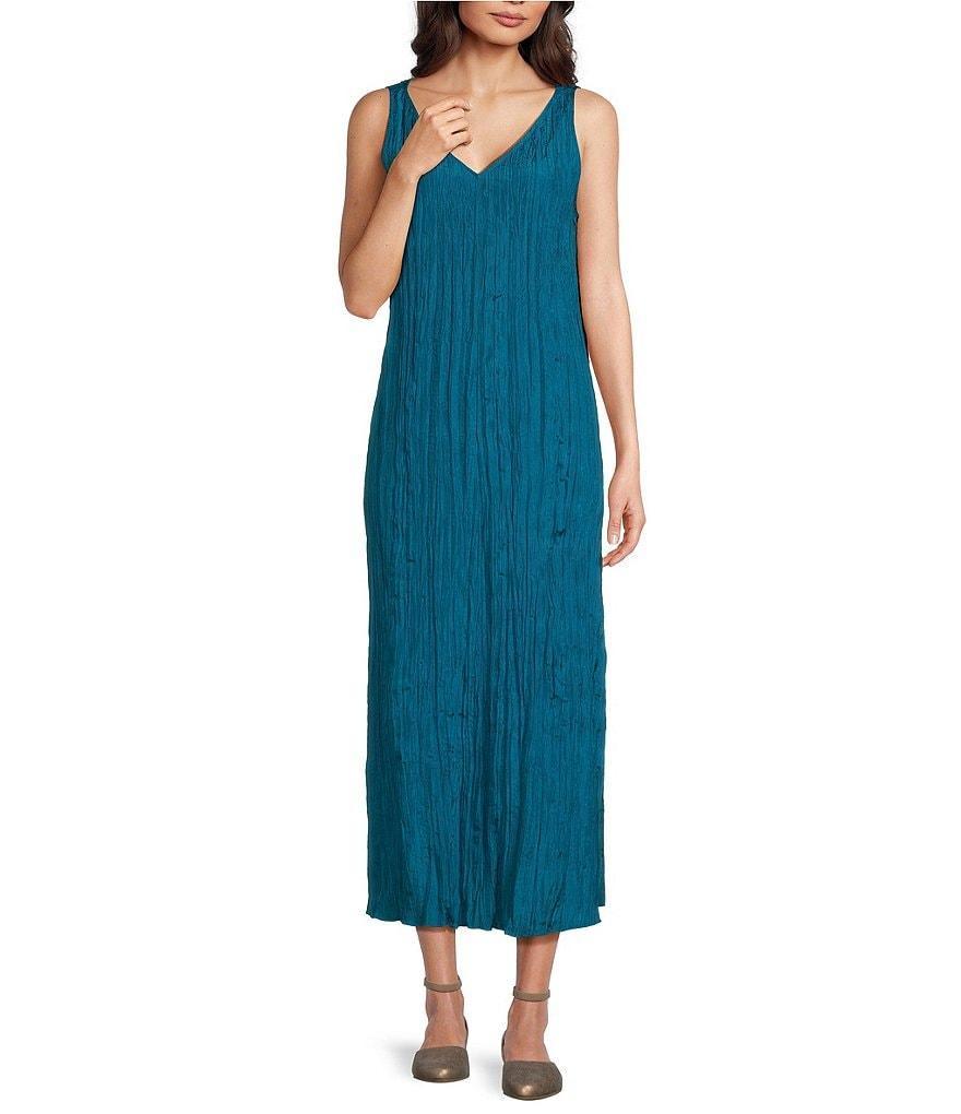 Eileen Fisher Crushed Silk V-Neck Sleeveless Midi Dress Product Image
