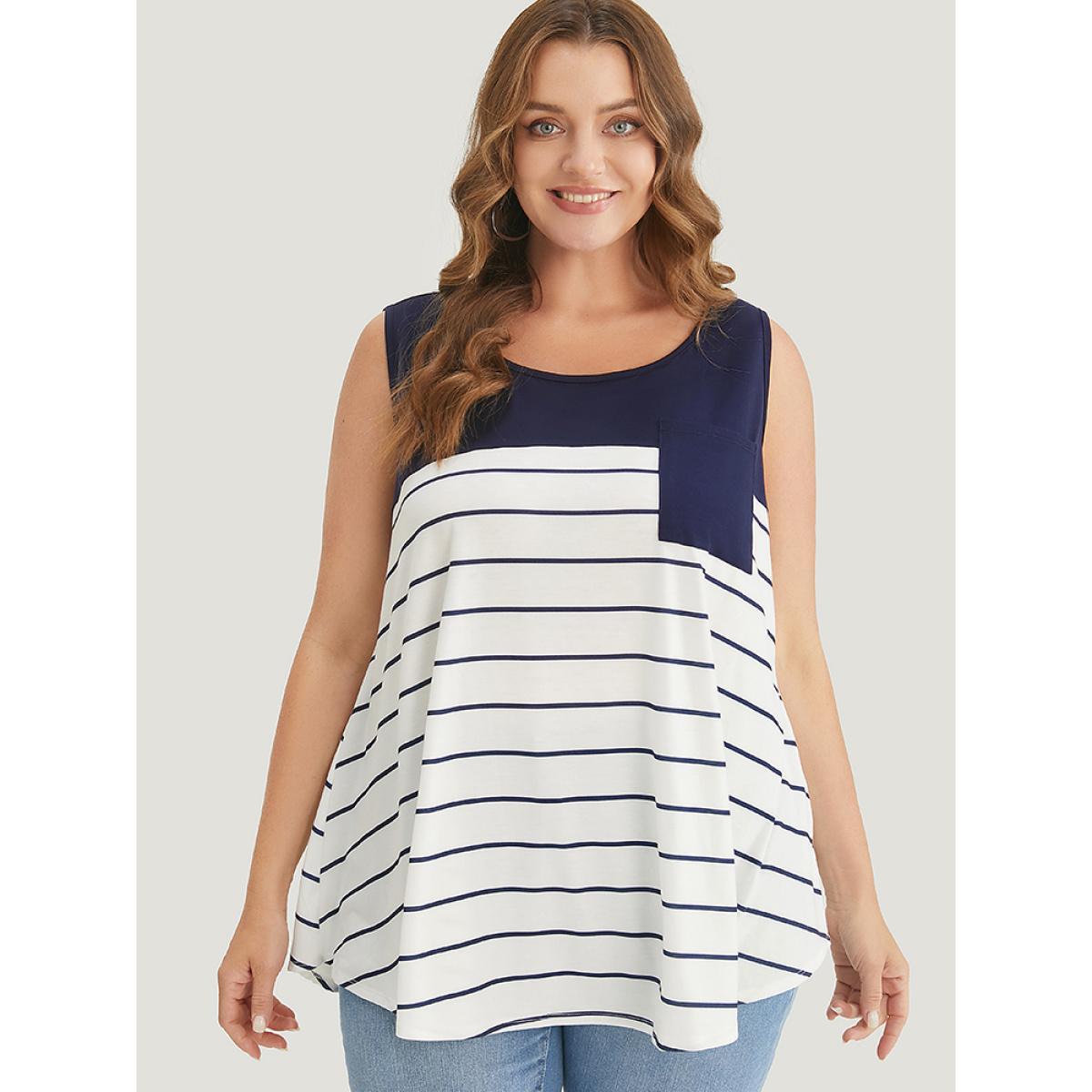 Plus Size Striped Patchwork Pocket Tank Top Women Navy Casual Round Neck Dailywear Tank Tops Camis BloomChic 14-16/1X Product Image