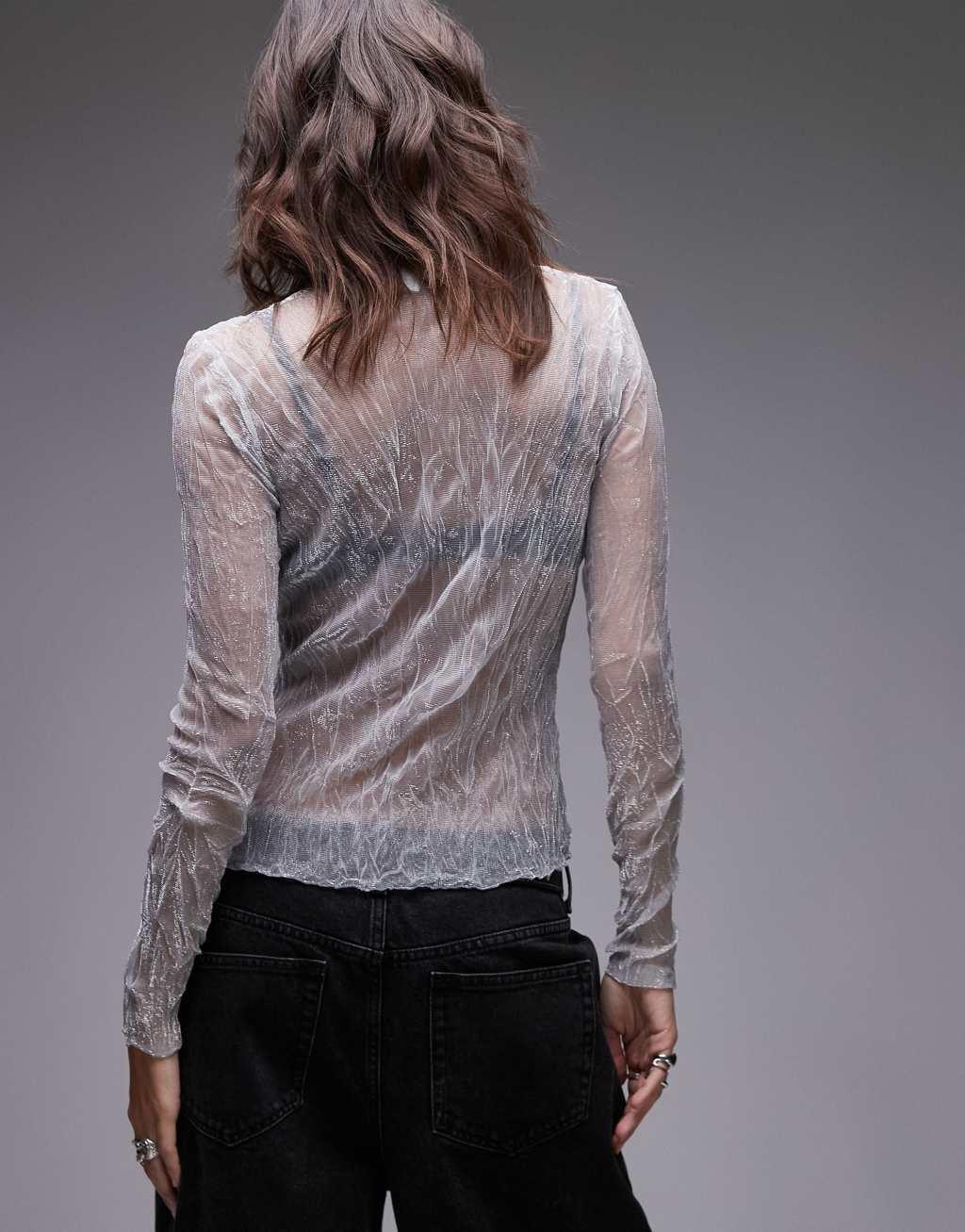 Topshop sheer crinkle long sleeve top in silver Product Image