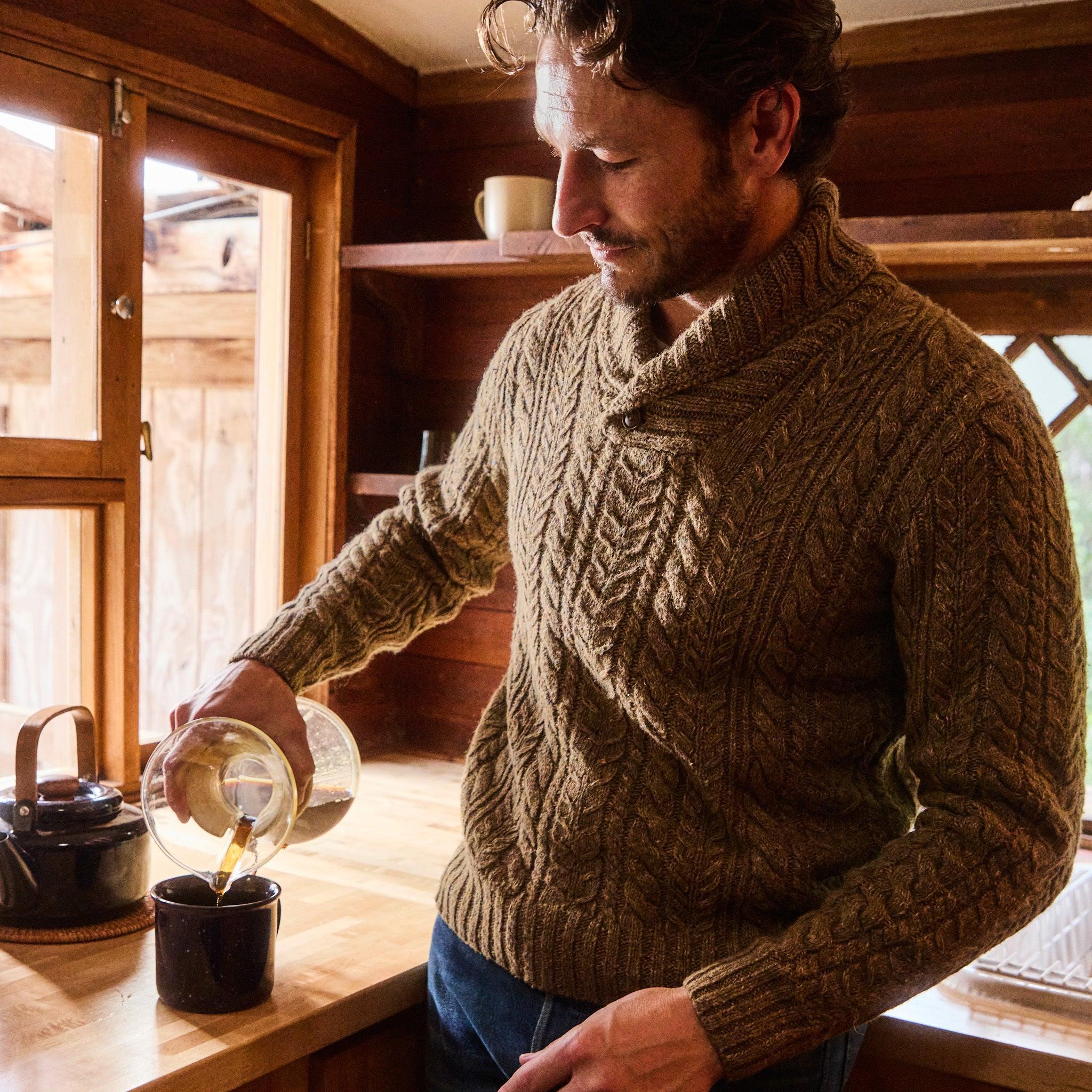 Cable Knit Shawl Sweater - Brown Product Image