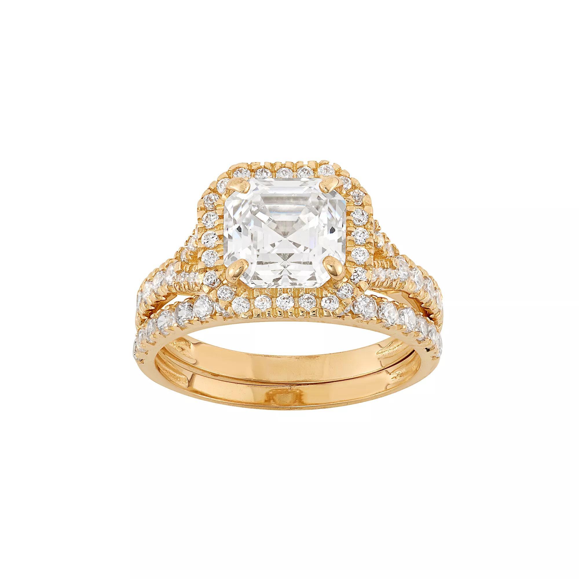Cubic Zirconia Halo Engagement Ring Set in 10k Gold, Women's, Size: 9, Yellow Product Image
