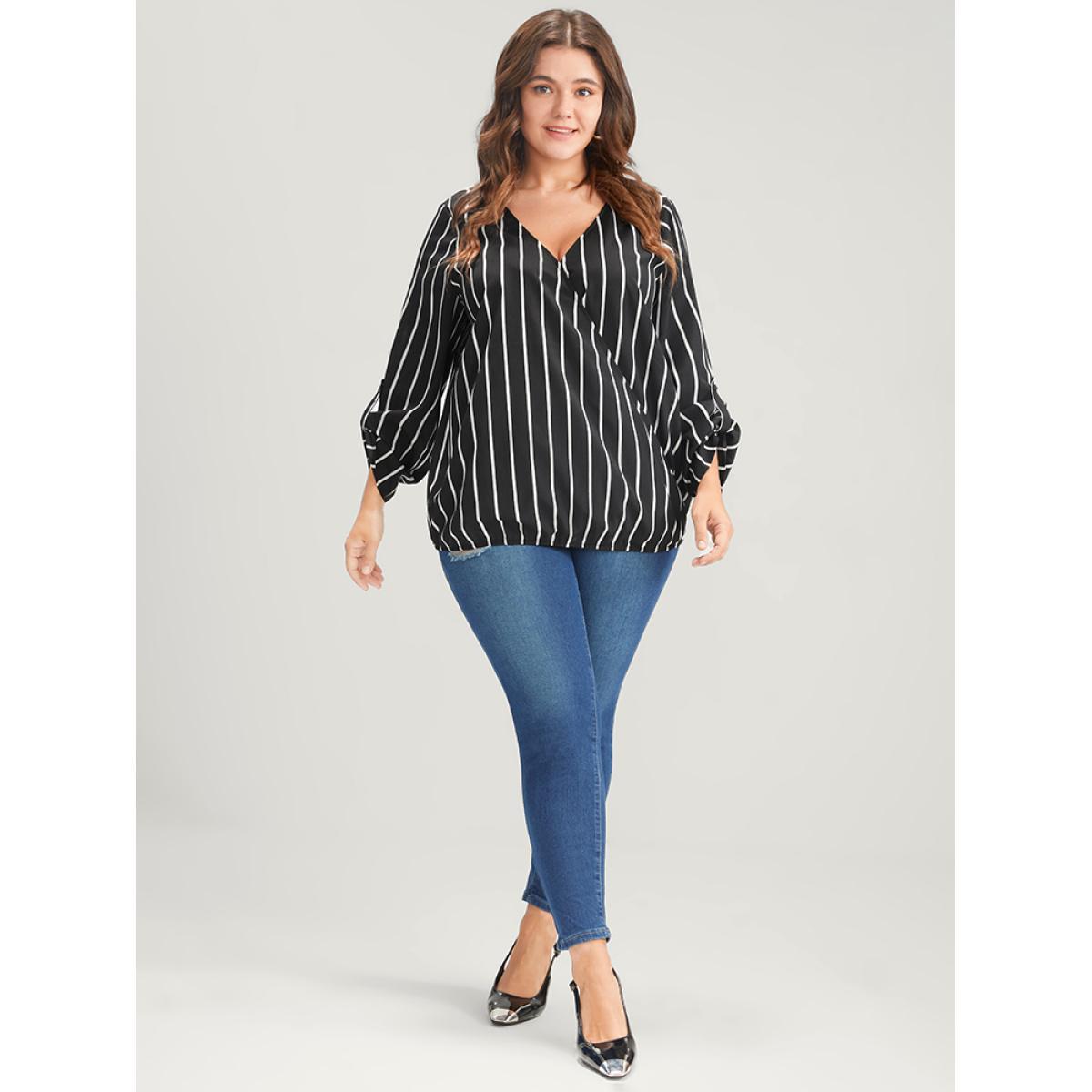 Plus Size Black Striped Wrap Cuffed Sleeve Blouse Women Office Long Sleeve V-neck Work Blouses BloomChic 18-20/2X Product Image