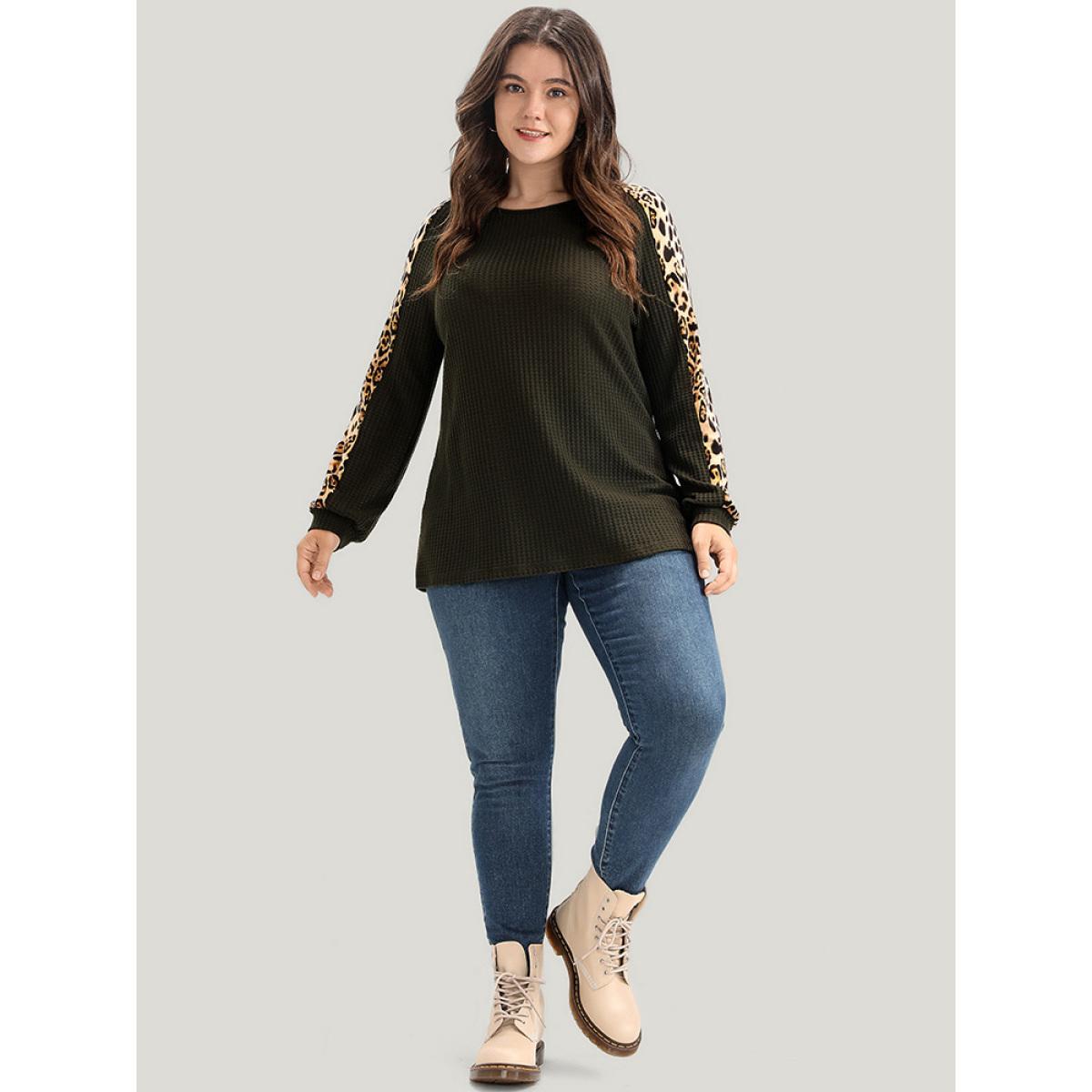 Plus Size Leopard Patchwork Raglan Sleeve Waffle Knit Sweatshirt Women ArmyGreen Casual Patchwork Round Neck Dailywear Sweatshirts BloomChic 22-24/3X Product Image
