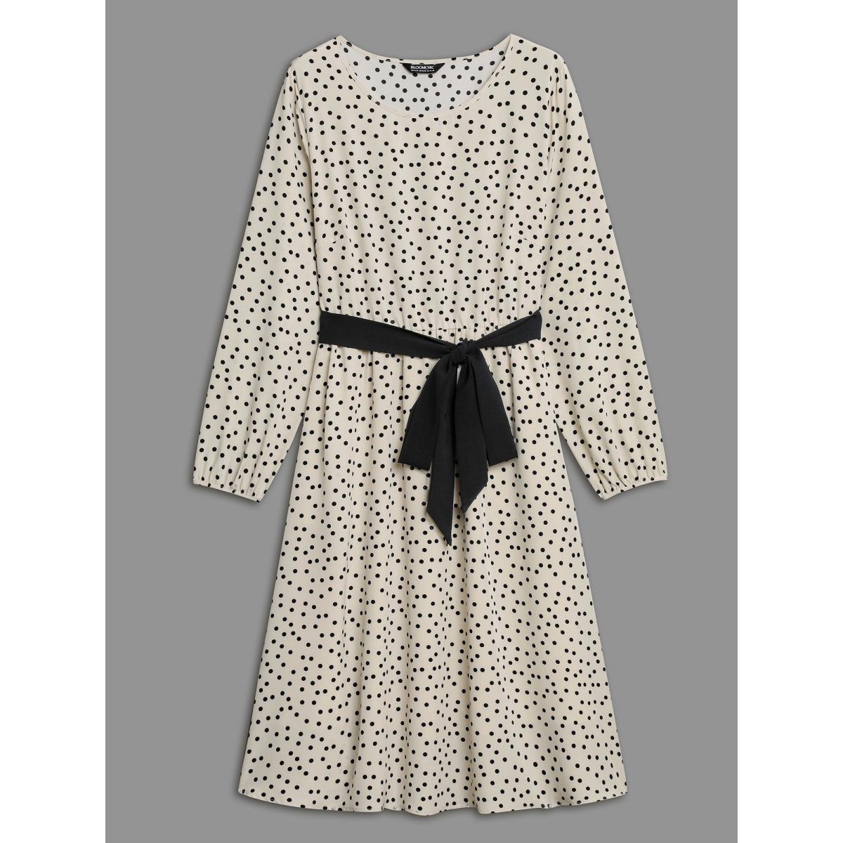 Plus Size Round Neck Polka Dot Waist-Tie Midi Dress Apricot Women Elegant Belted Round Neck Long Sleeve Curvy BloomChic 18-20/2X Product Image