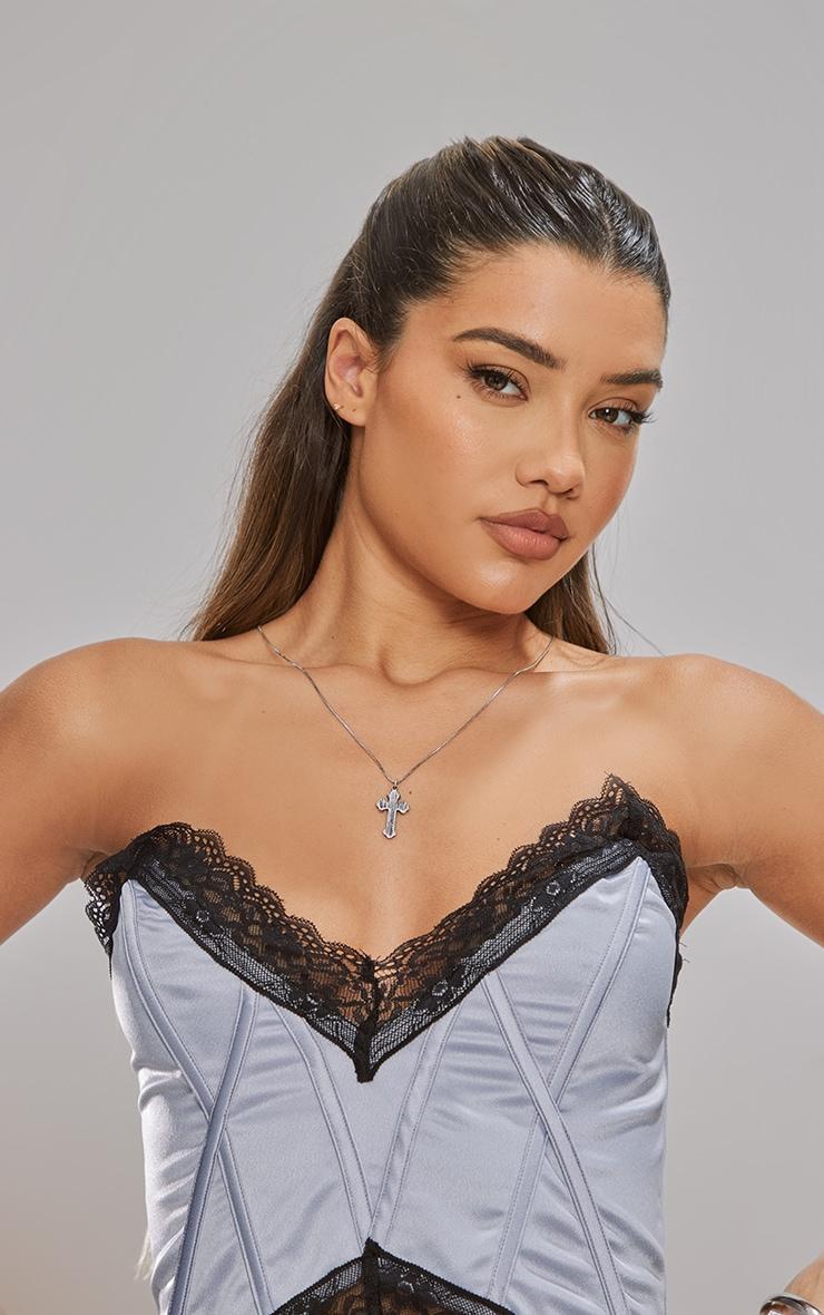 Blue Grey Silk Lace Trim Pointed Hem Boned Bandeau Product Image