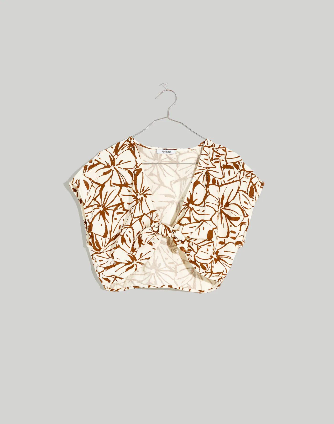 Double-Gauze Tie-Front Cropped Top in Abstract Flora Product Image