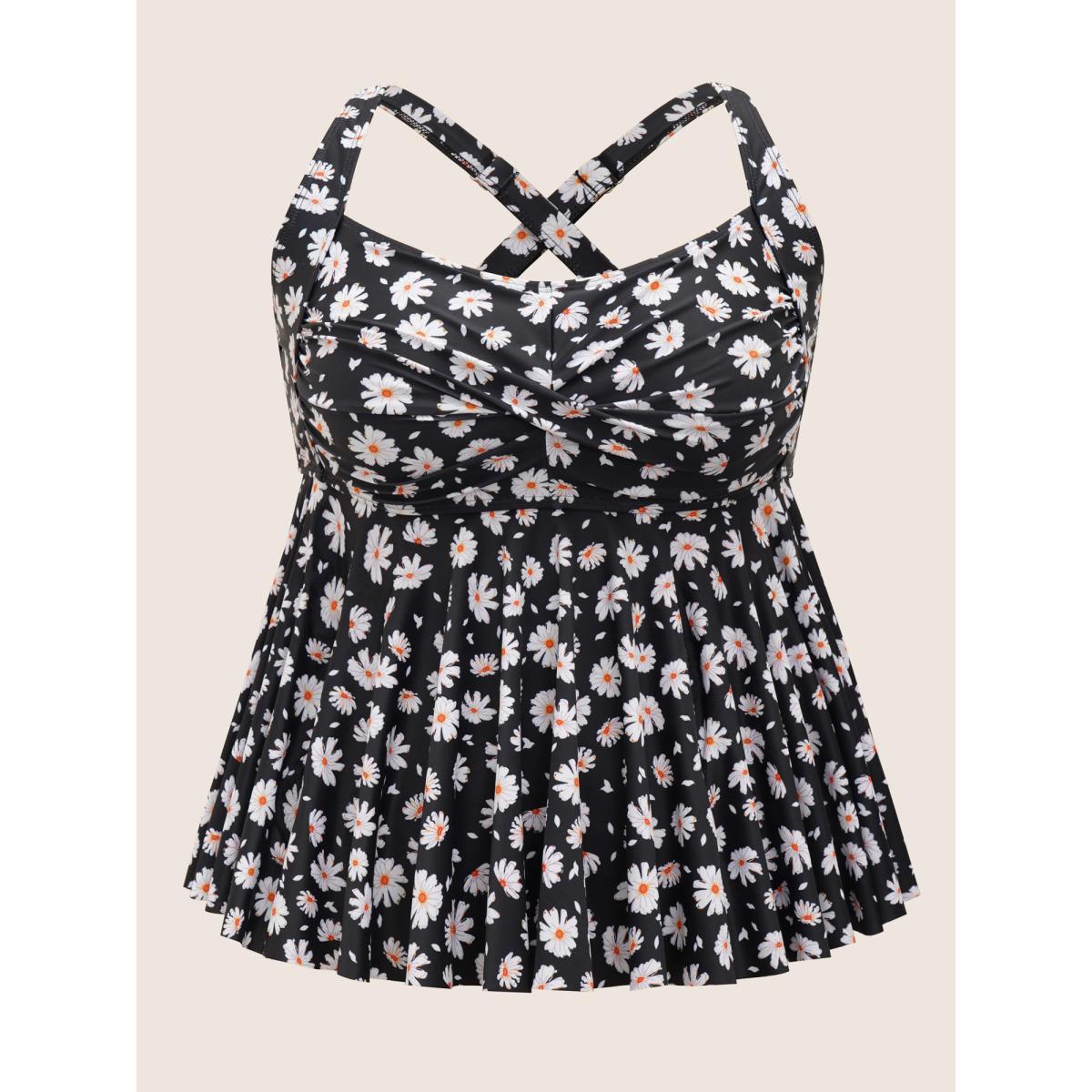 Plus Size Ditsy Floral Crossover Heart Neckline Swim Top Women's Swimwear Black Beach Twist High stretch Bodycon Heart neckline Curve Swim Tops BloomChic 10/M Product Image
