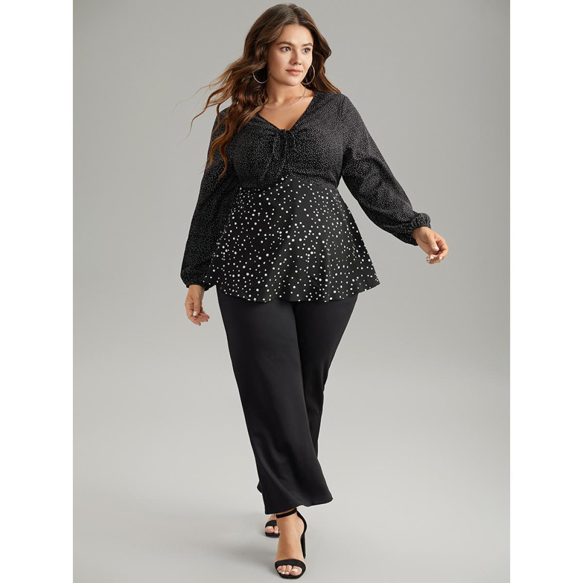 Plus Size Black Polka Dot Ruched Ties Lantern Sleeve Blouse Women Elegant Long Sleeve V-neck Dailywear Blouses BloomChic 26/4X Product Image