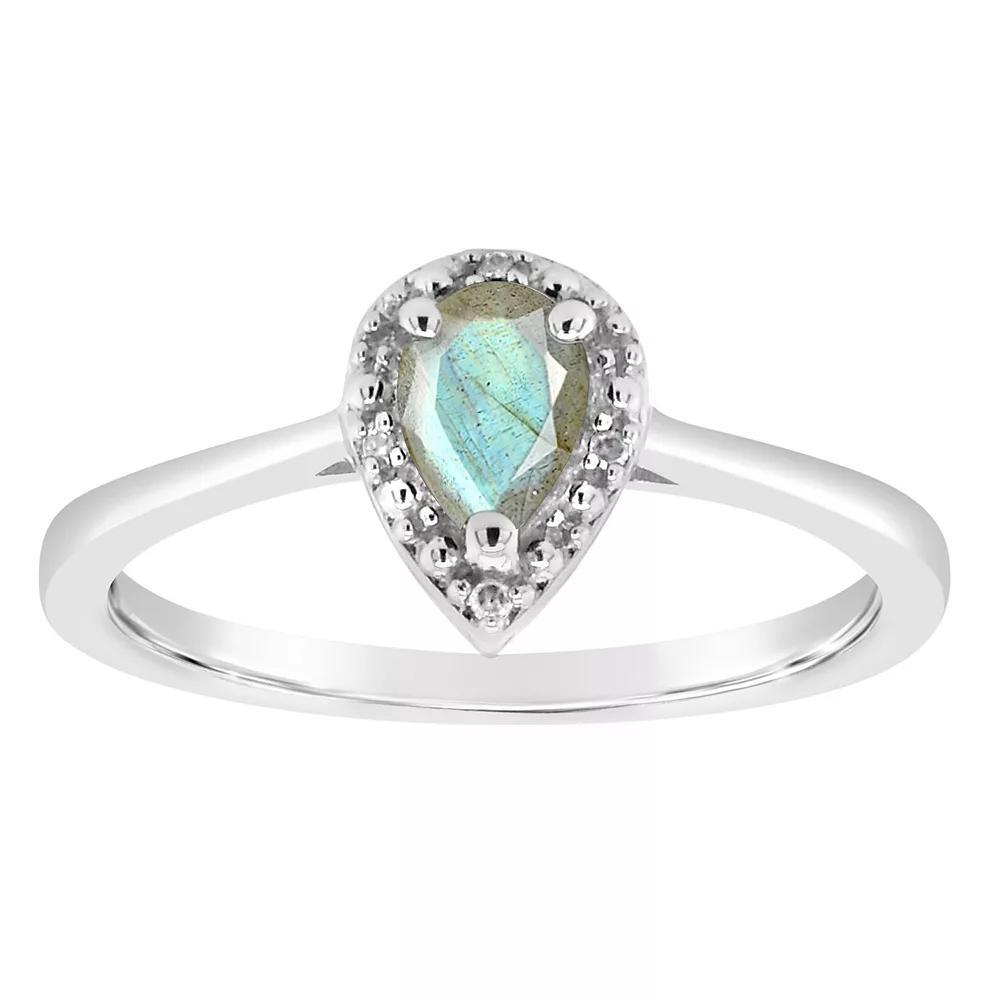 Celebration Gems Sterling Silver 6 mm x 4 mm Pear Shaped Labradorite & Diamond Accent Halo Ring, Women's, Size: 8 Product Image
