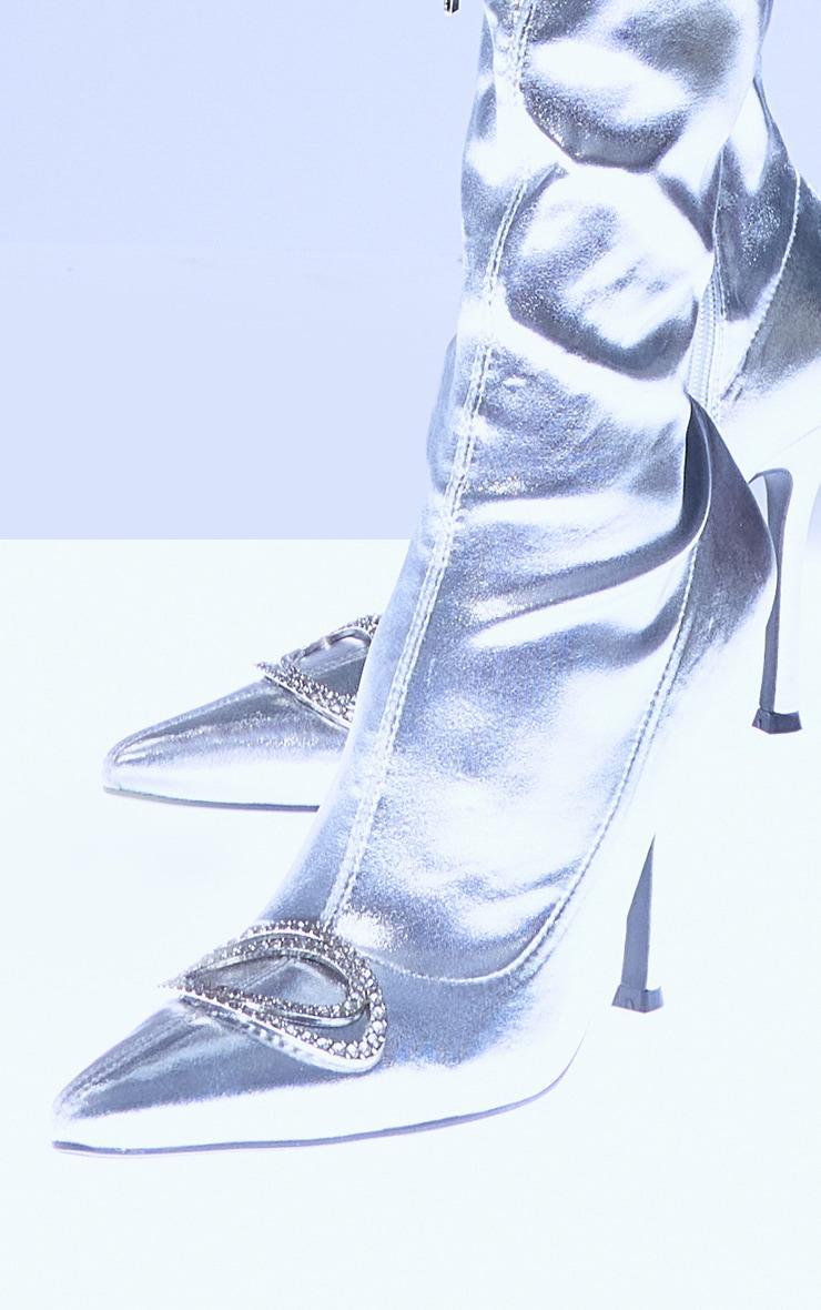 Silver PU Point Toe Diamante Buckle Over The Knee High Heeled Boots Product Image