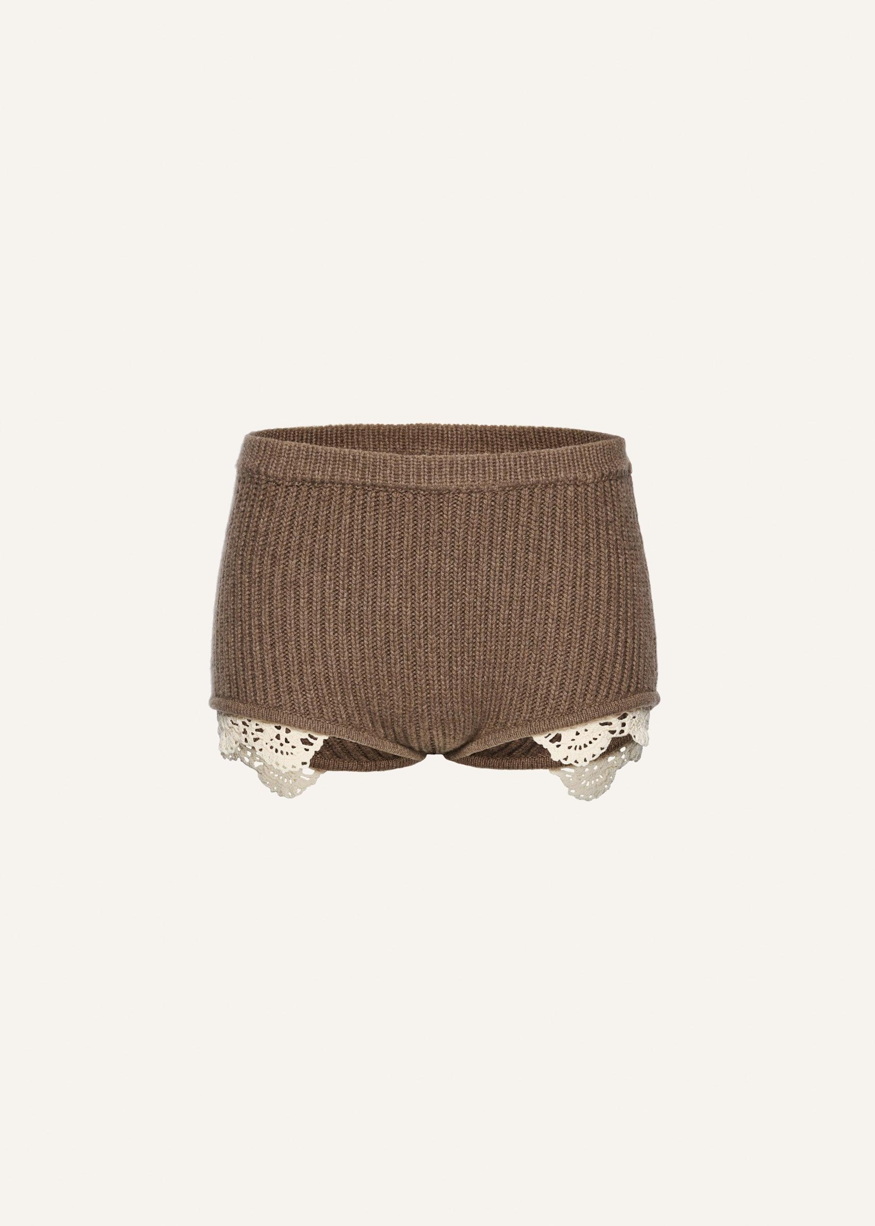 Lace detail ribbed knitwear shorts in beige Product Image