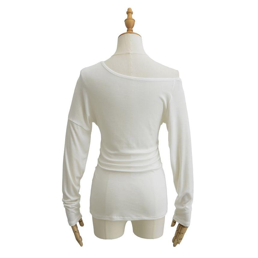 One-Shoulder Long Sleeve Plain Tee Product Image