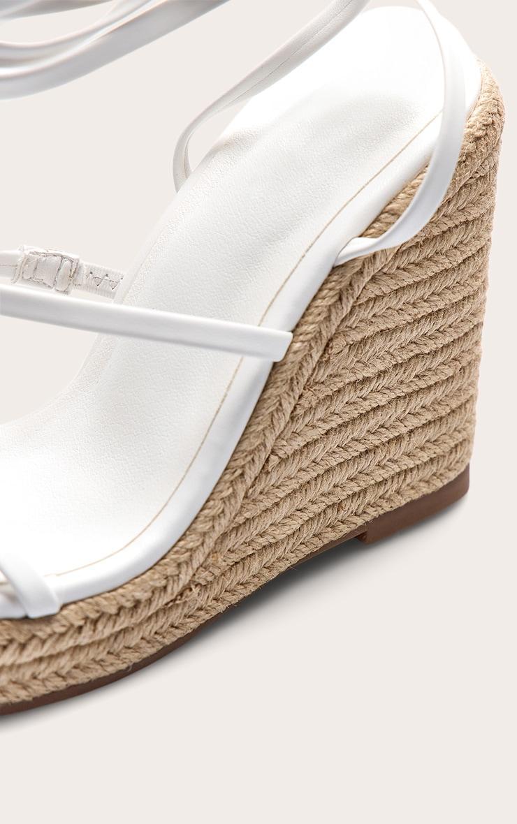 White Pu Square Toe Espadrille Lace Up High Heeled Wedges Product Image