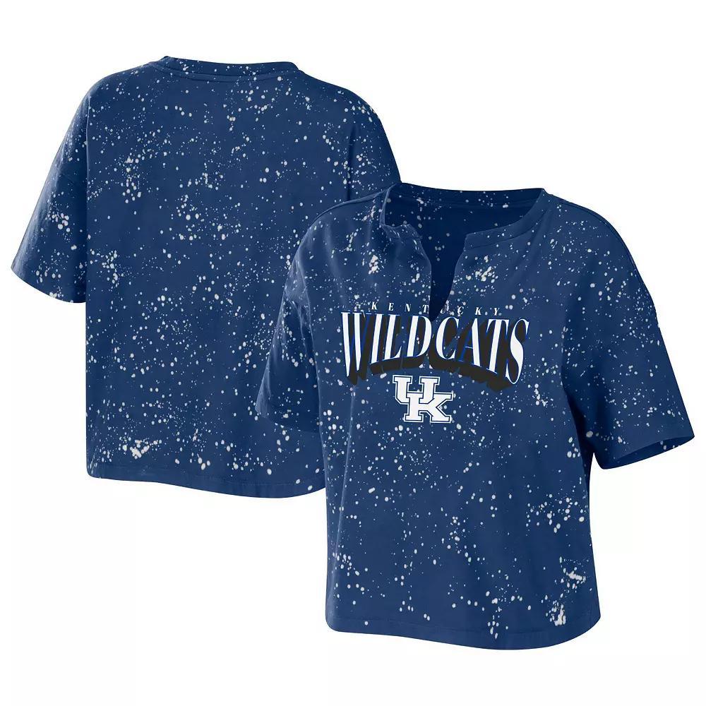 Women's WEAR by Erin Andrews Royal Kentucky Wildcats Bleach Wash Splatter Cropped Notch Neck T-Shirt, Size: Medium, Blue Product Image