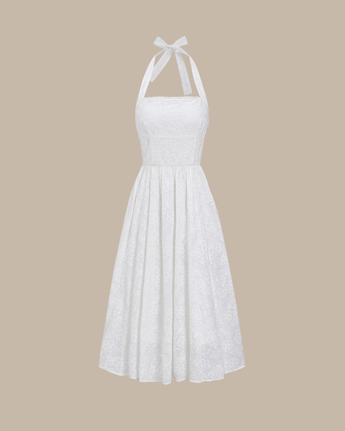 White Embroidery Halter Midi Dress Product Image