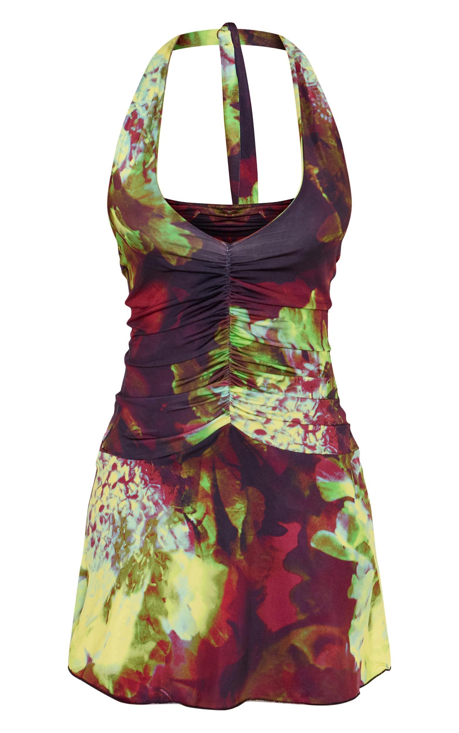 Green Abstract Print Slinky Halter Neck Mini Dress Product Image