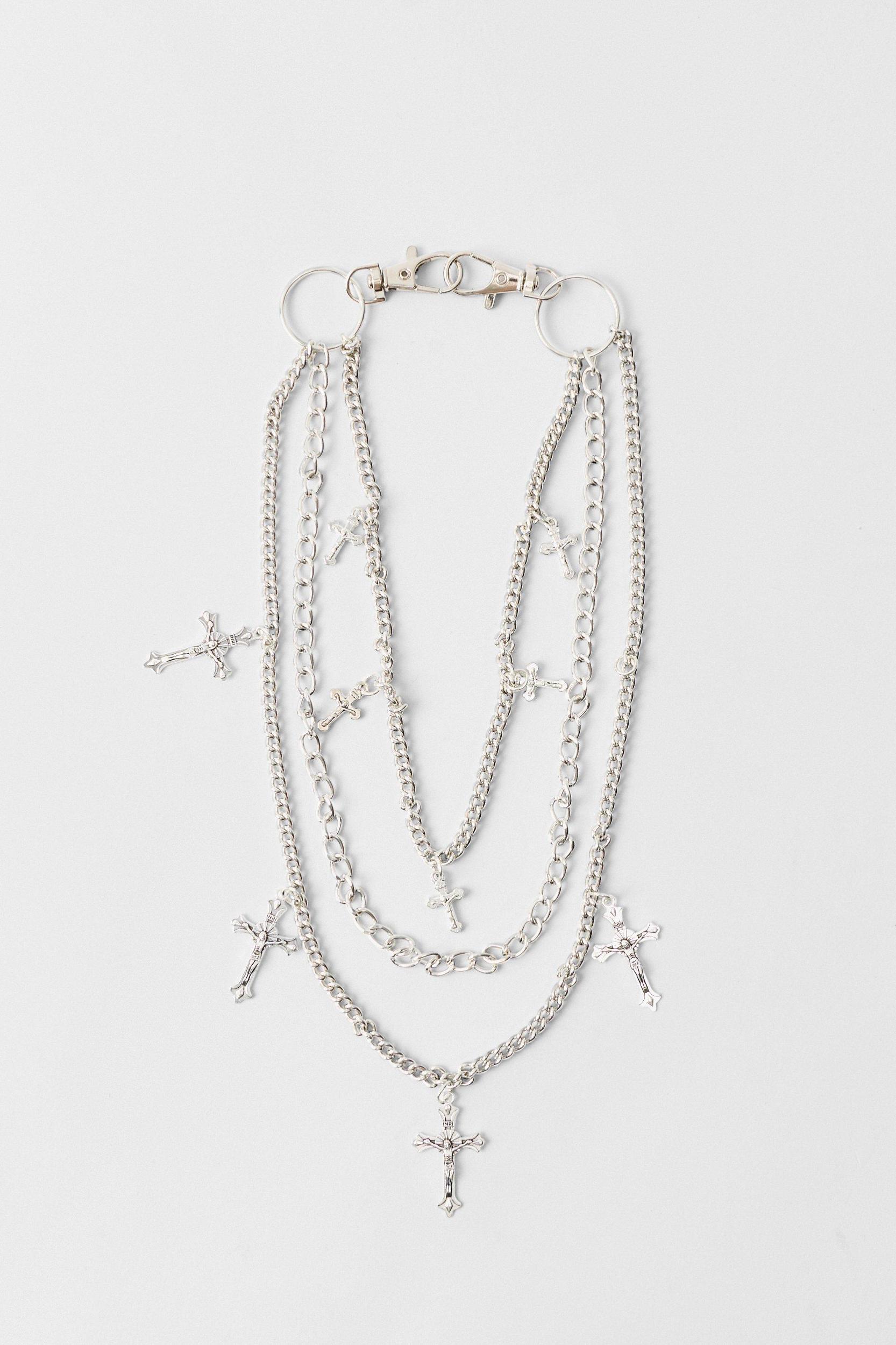 Layered Cross Jean Chain In Silver | boohooMAN USA Product Image