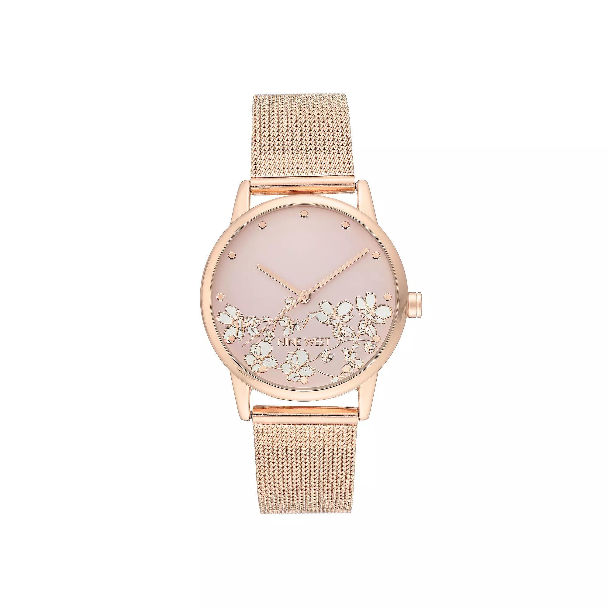 Nine West Womens Stainless Steel Mesh Bracelet Watch with Flower Dial Rose Gold Tone Product Image