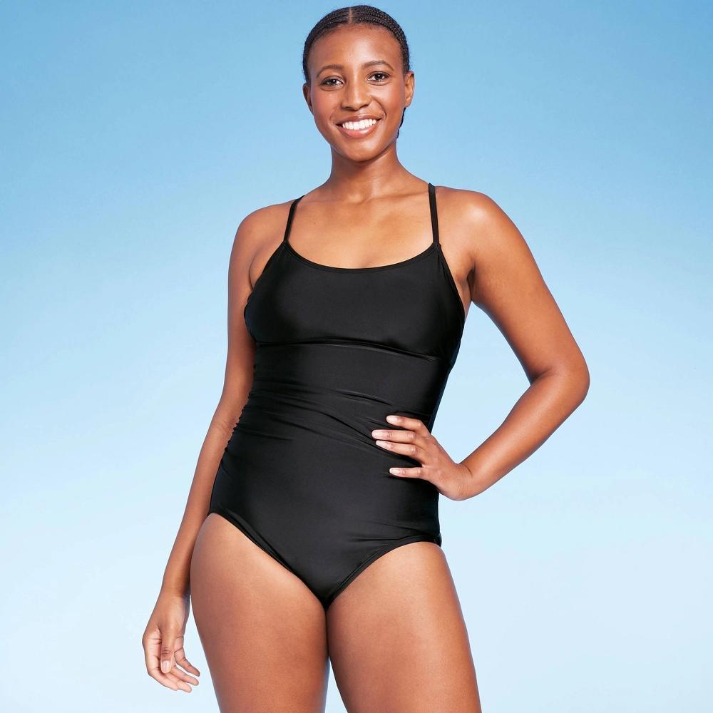 Women's Full Coverage Shirred Front One Piece Swimsuit - Kona Sol™ Black S Product Image