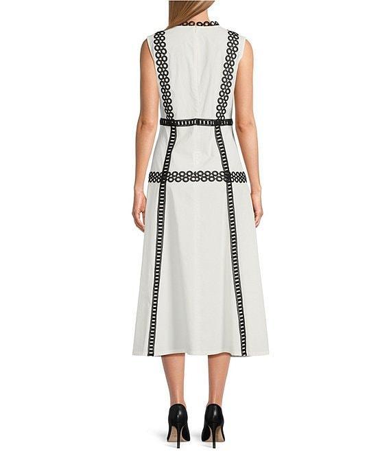 MISOOK Woven Eyelet Lace Contrast Trim Round Neck Sleeveless Fit And Flare Maxi Dress Product Image