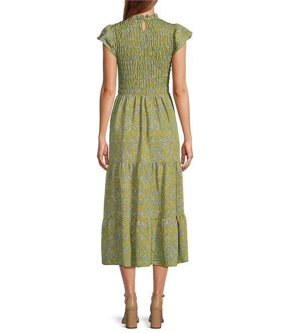 Sam Edelman Matilda Chiffon Round Neck Ruffle Sleeve Smocked Tiered Midi A-Line Dress Product Image