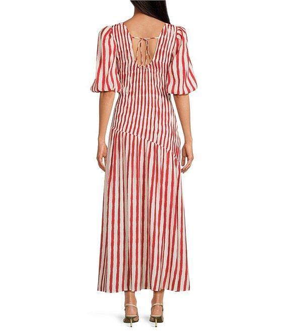 Never Fully Dressed Nara Stripe Print Crew Neck Short Puff Sleeves Maxi Dress Product Image