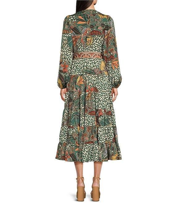 Gibson & Latimer Leaf Print Woven Moonshadow Satin Split V-Neck Long Blouson Sleeve Tiered A-Line Wrap Maxi Dress Product Image