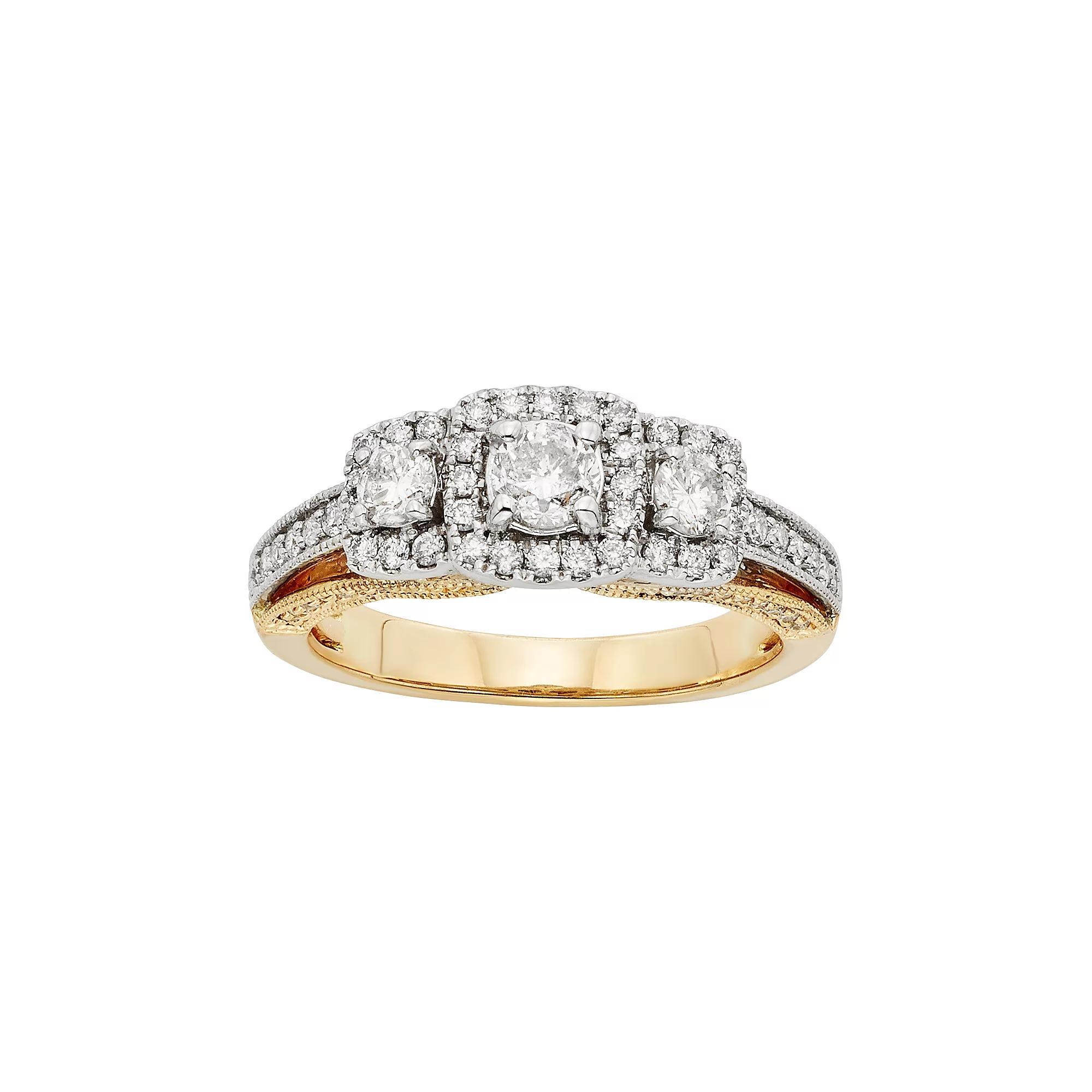 The Regal Collection IGL Certified Diamond 3-Stone Halo Two Tone Engagement Ring in 14k Gold (1 Carat T.W.), Women's, Size: 7, White Product Image