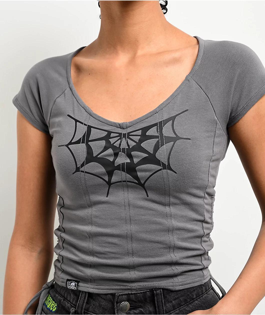 Lurking Class By Sketchy Tank Spider Webs Grey Cinch Crop T-Shirt Product Image